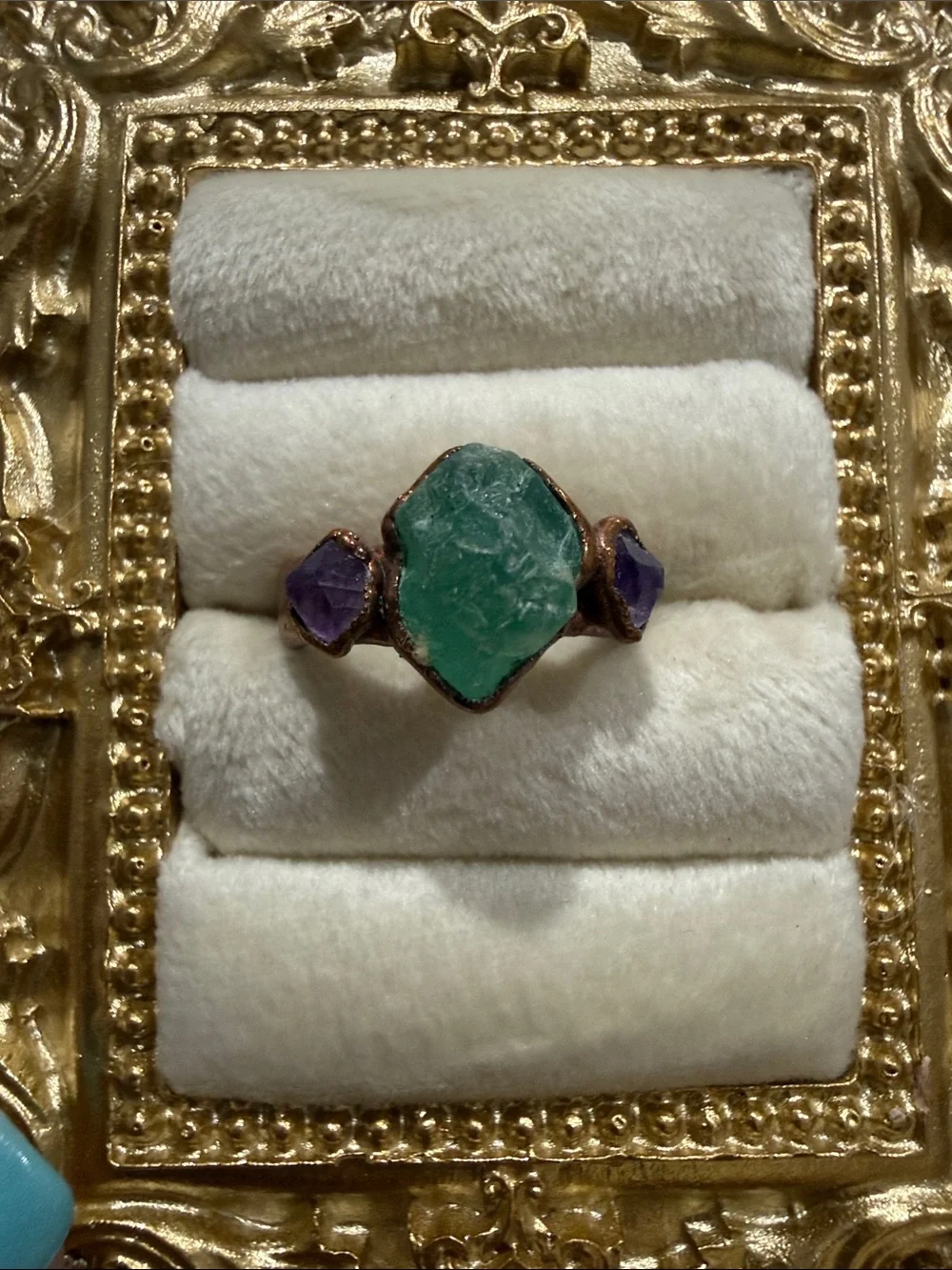 Handcrafted Green and Purple Raw Fluorite Crystal Ring - Women Jewelry